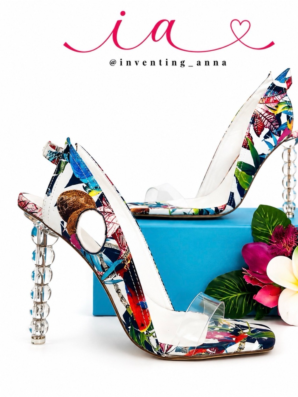PRIVILEGED Multi-colored w/tropical print and unique, clear sculptural 5” heel